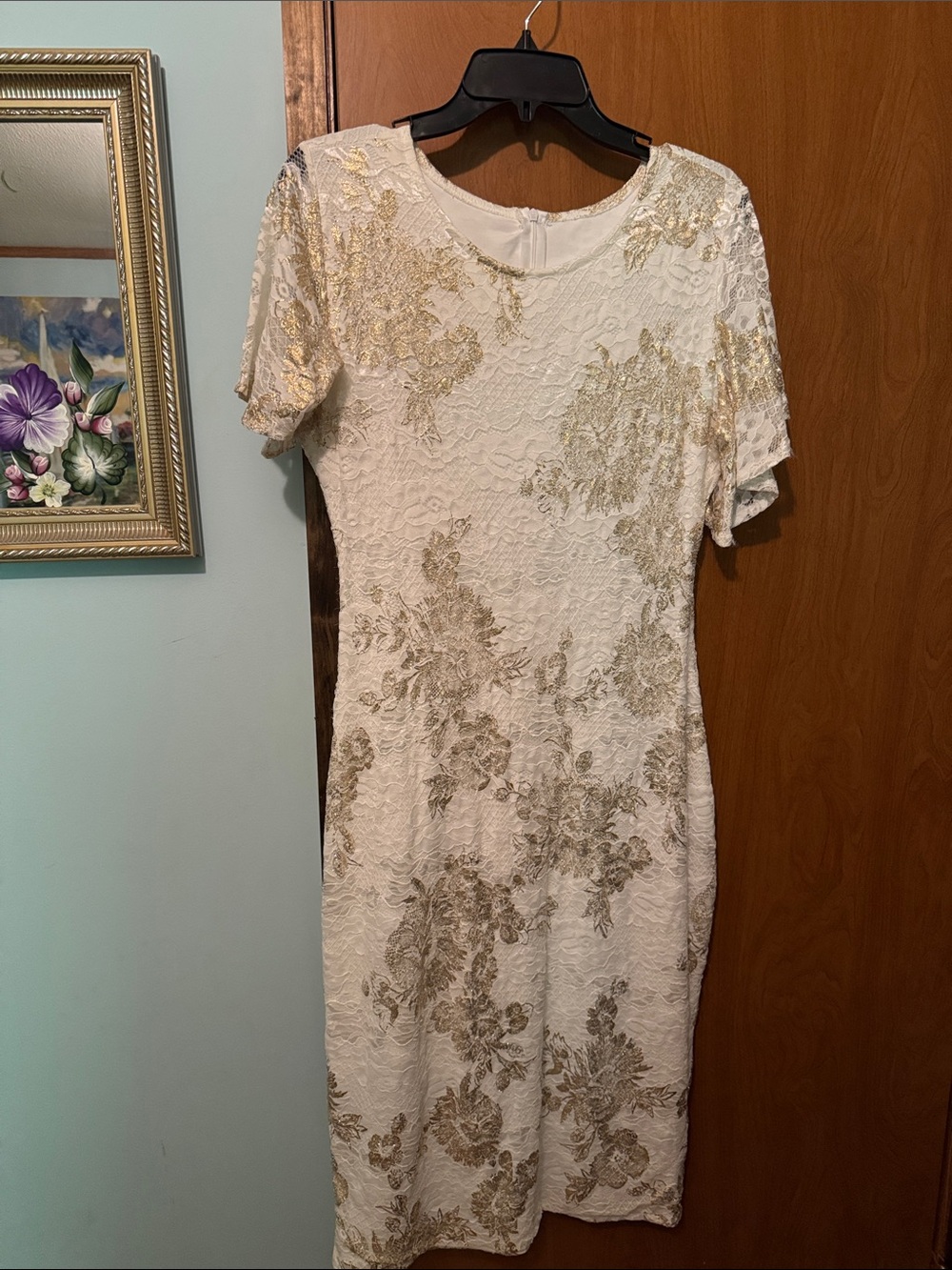 Elegant White and Gold Lace Sheath Dress